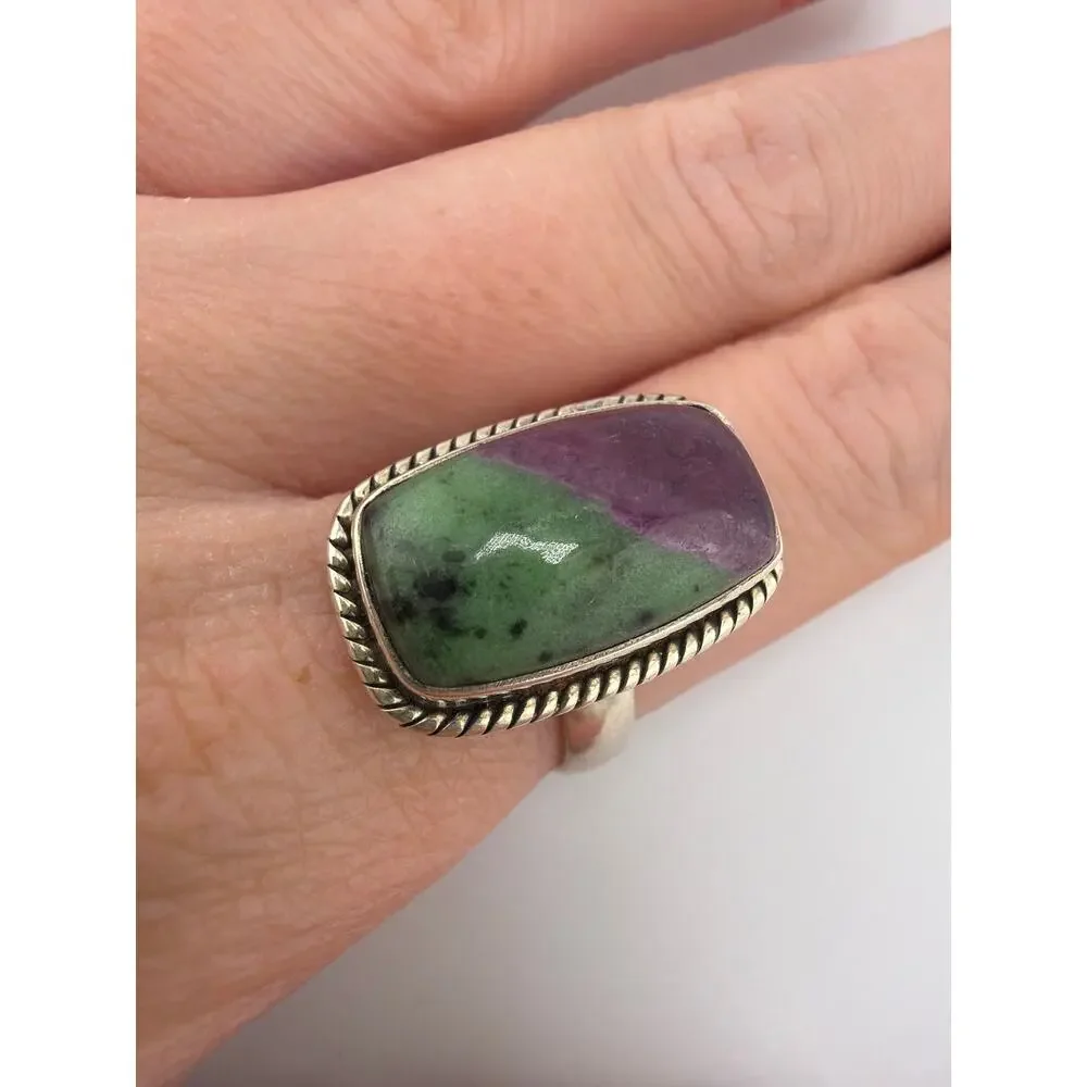 Rectangular Ruby-Zoisite Twisted Rope Border 925 Sterling Silver Ring Size 7